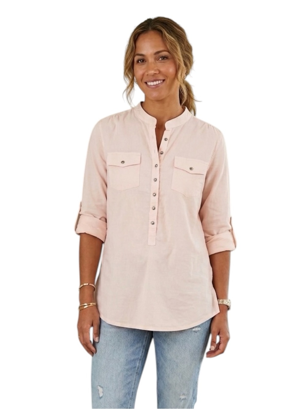 Singita Luxury Safari Cotton Henley Shirt Roll Tab Blush Pink SA 30 US XS/S